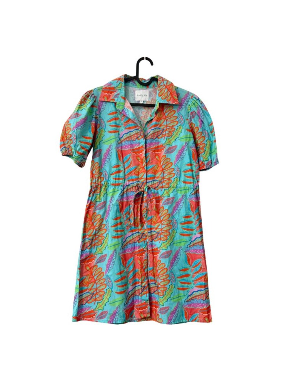 Marigold Colorful Floral Drawstring Waist Puff Sleeve Shirt Dress Womens XSmall